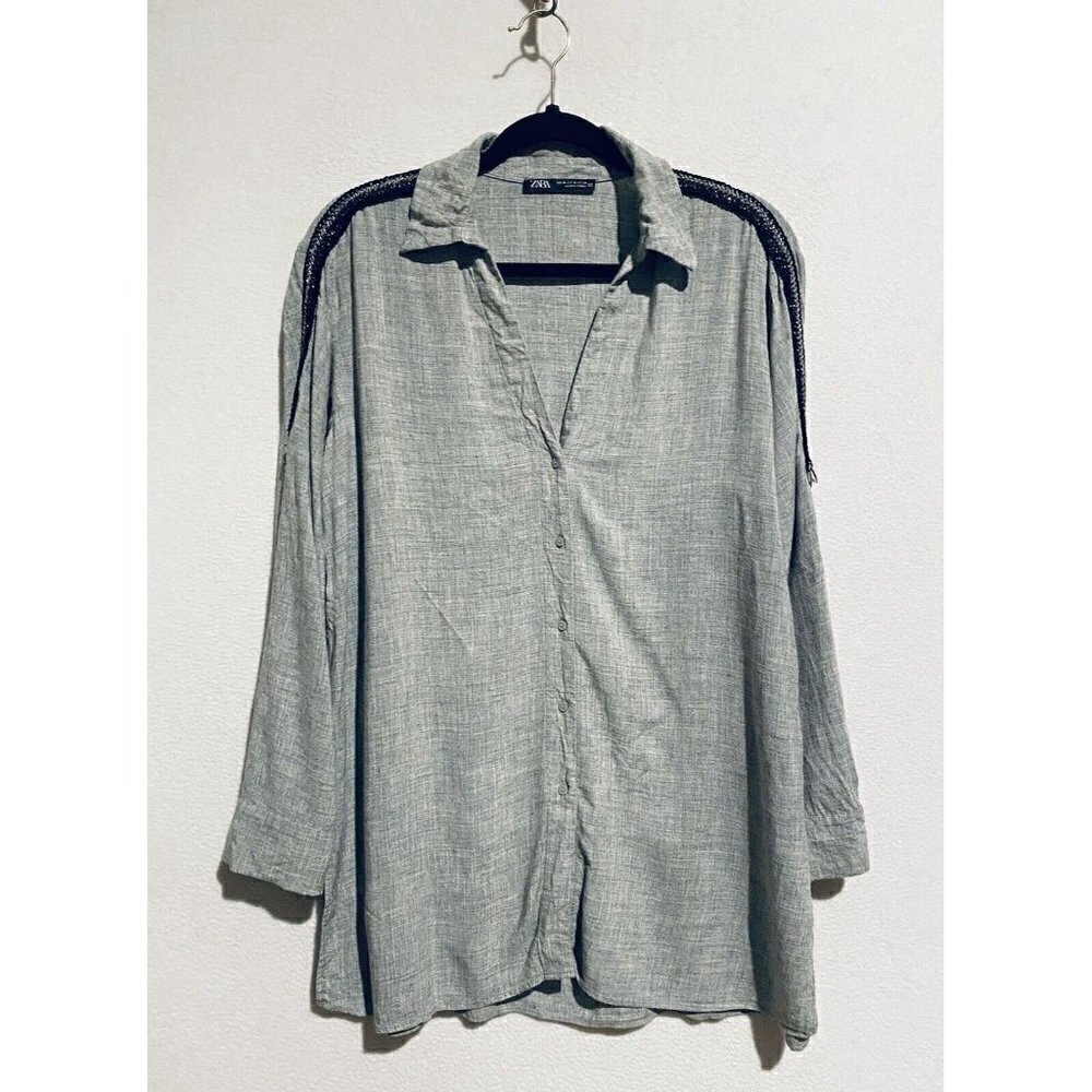 Zara Top Womens Medium Metallic Embrodered Trim Roll Tab Sleeve Button Up Gray
